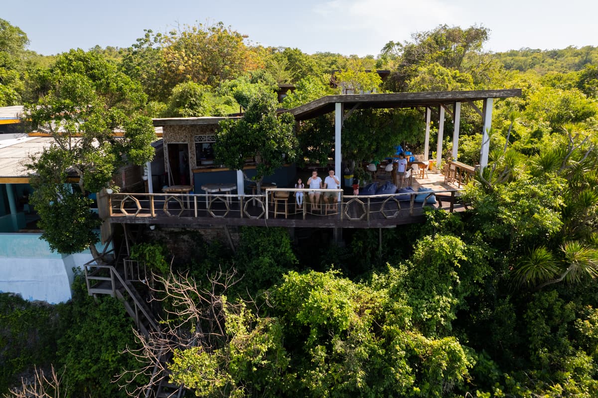 The restaurant deck from the air: guests at the octagon railing, the deck on stilts above the trees