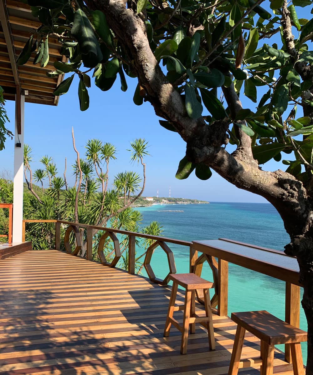 The cliffside restaurant at Seascapes Bira looking out over the sea at Tanjung Bira